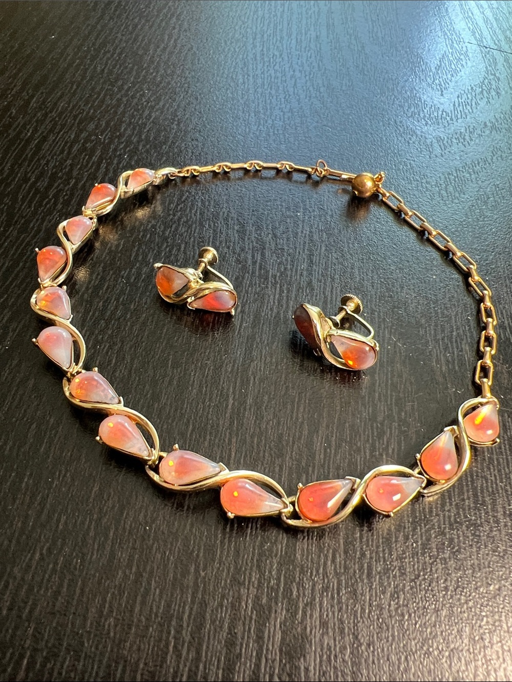 Vintage Coro Pink Jelly Opal Lucite Gold Necklace and Earrings Set Demi Parure